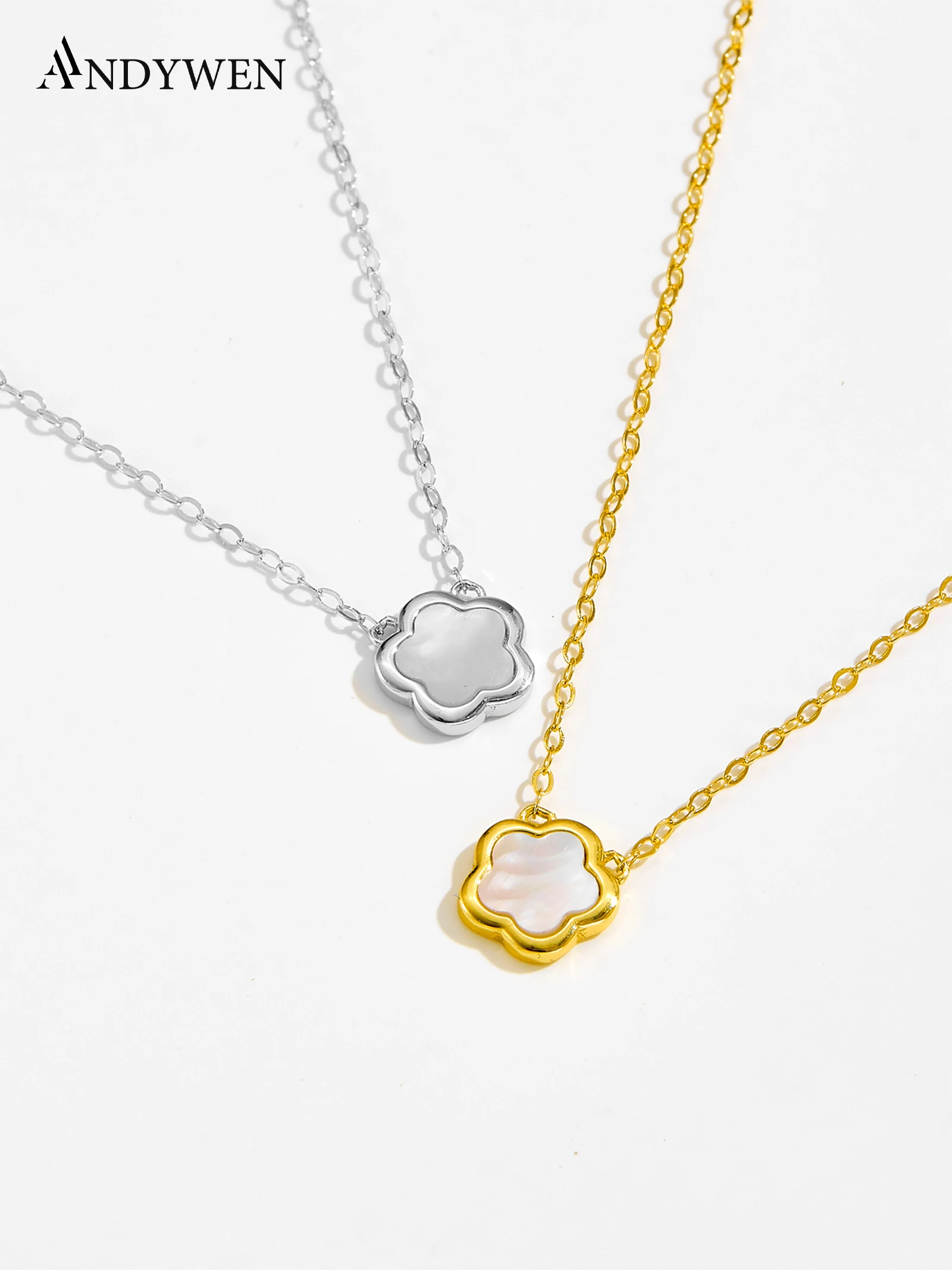 ANDYWEN Halskette aus 925er-Sterlingsilber mit Muschelblumen, schick, minimalistisch, zierliche Feenkette für Frauen, Geschenk, täglicher Schmuck