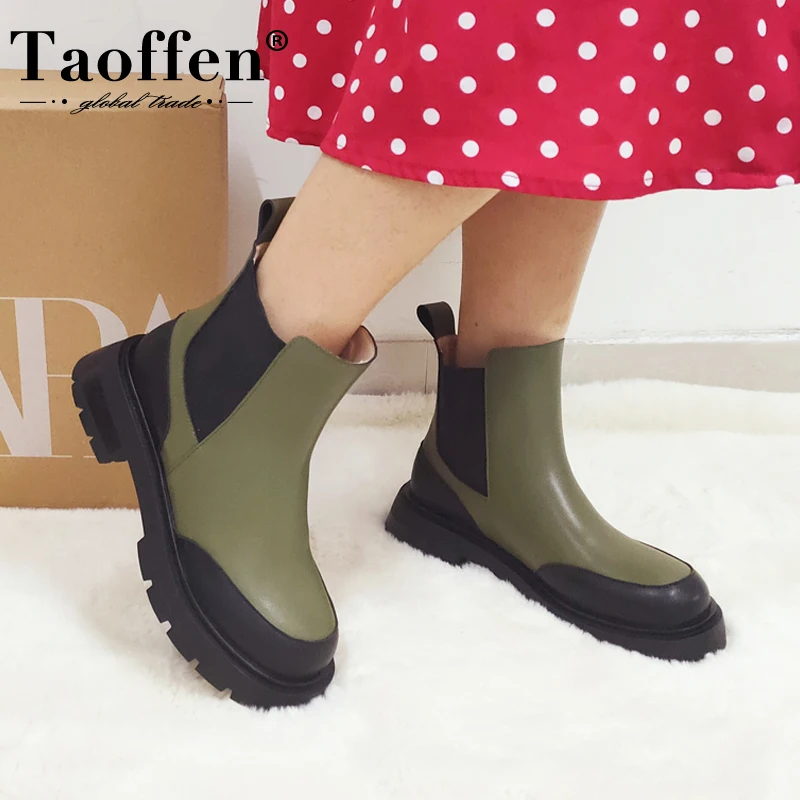 Taoffen Real Leather Ankle Boots For Women Fashion Platform Winter Shoes Woman Short Boot Office Lady Footwear Size 34-41