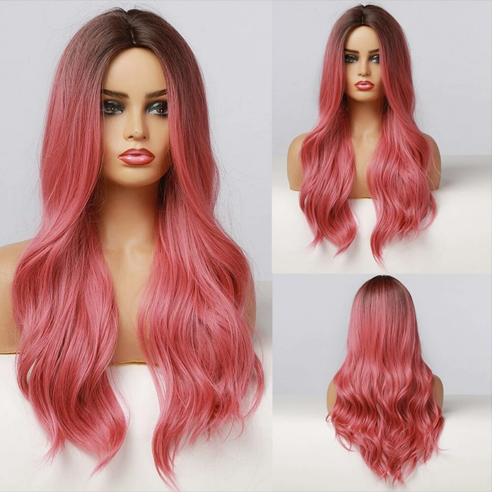 

Pink Wigs For Women Long Wavy Wig Middle Part Hair Synthetic Natural Curly Heat Resistant Fiber Daily Cosplay Party Use Girl Wig