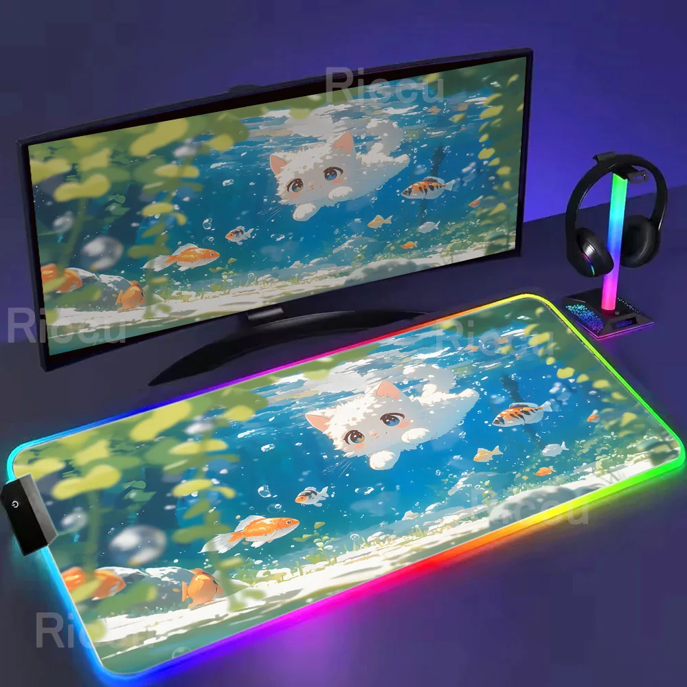 RGB Desk Mat Kawaii Cute Anime Cartoon Cat Mouse Pad Large Computer Office Game Table Mats HD Gaming Keyboard Mousepads Mice Mat