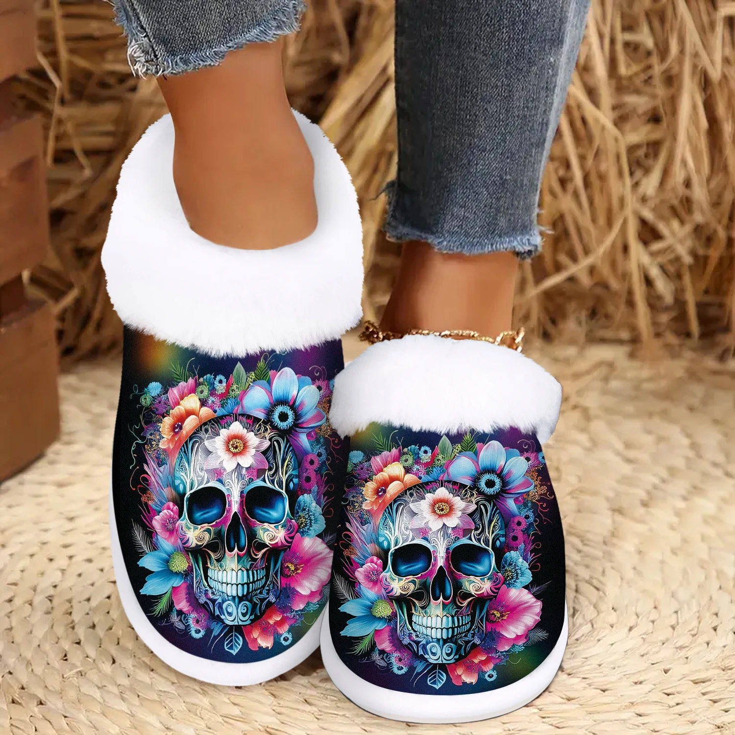 

Women's Gothic Floral Slip-On Slippers - Soft House Shoes with Non-Slip Rubber Sole, Indoor/Outdoor Footwear for Halloween