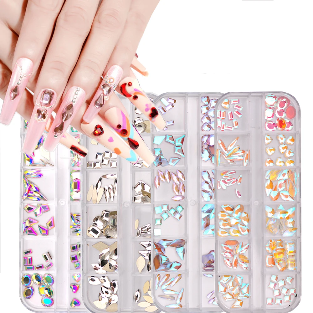 12Grids/Boxs Nail Charms Crystal Mixed Shapes Clear/AB/Transparent Series Flatback Nail Art Decoration Accessories Rhinestones