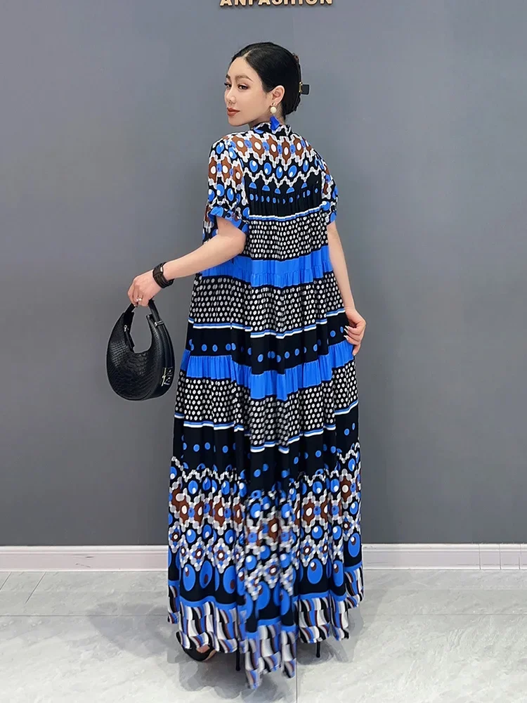 XITAO Vintage Print Female Dress Loose Fashion Contrast Color Stand Collar Short Sleeves Dress 2024 Summer New Women ZY8693