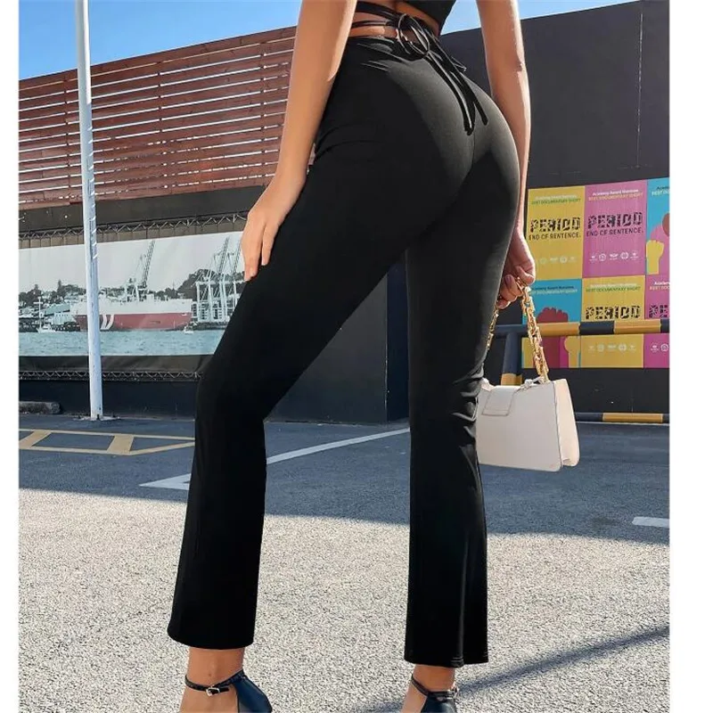 Fashion Streetwear High Waist Bandage Slim Long Trousers Y2k Women Straight Pants Solid Elastic Harajuku Summer Casual Pants