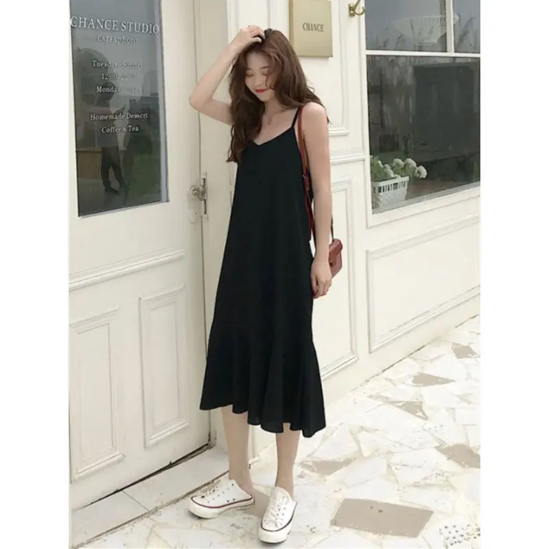 150cm Petite girls Hepburn Style Fishtail Suspender Vest Dress Women Summer High Waist A-line Skirt Medium Length XS Appear High