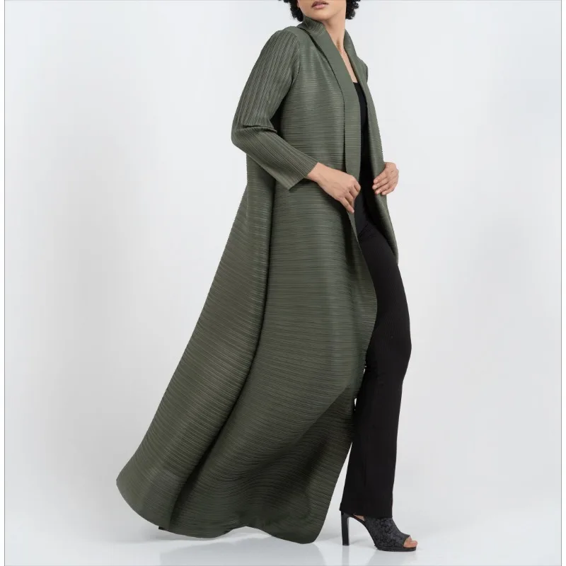 KAF Pleated Women Large Size Trench Coat 2024 Spring Autumn New Vintage Printed Design Long Cardigan Jacket Females Luxury Abaya