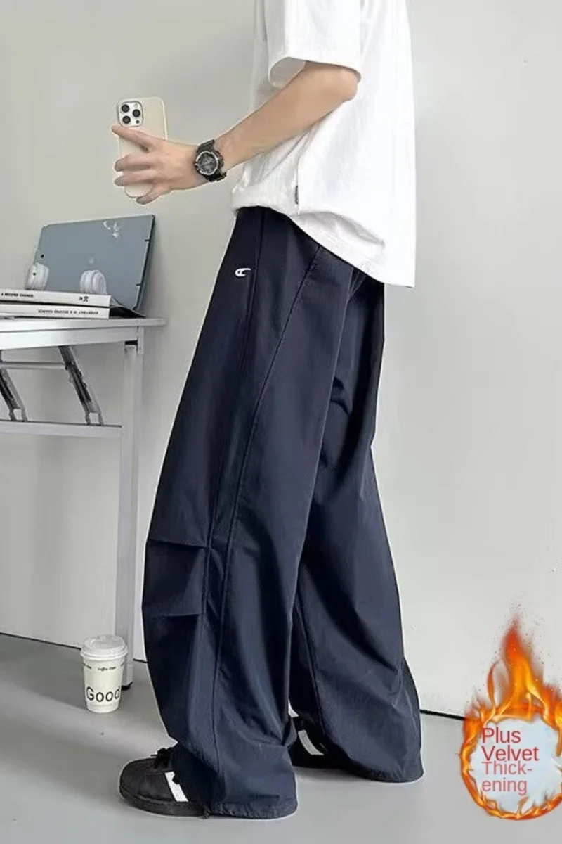 Men's 2025 New Autumn/Winter Loose Wide-Leg Workwear Pants in American Street Style Dark Blue with Fleece Lining
