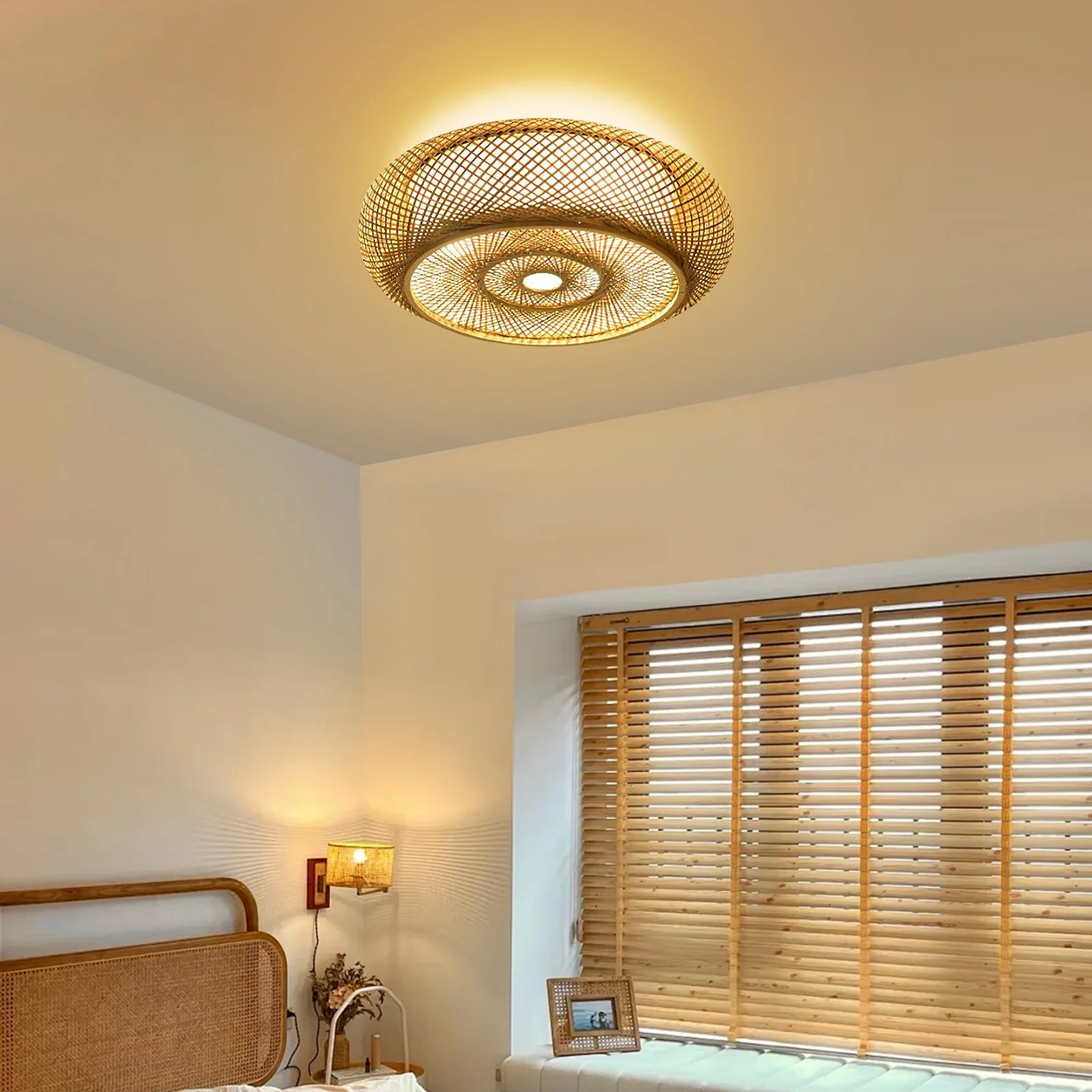 

110V Bamboo Ceiling Light Rattan Ceiling Fixture Hanging Lamp Flush Mount Ceiling Lamp 3*E26 bulbs (Not Included)