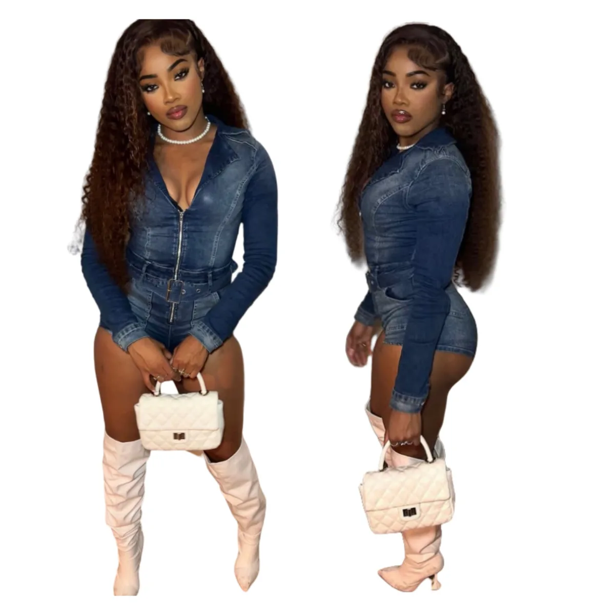 2026 Women's Zippered Polo Collar Slim Long-sleeved Jumpsuit Shorts.Spring New Fashion Solid-color Patchwork Denim Jumpsuit Belt