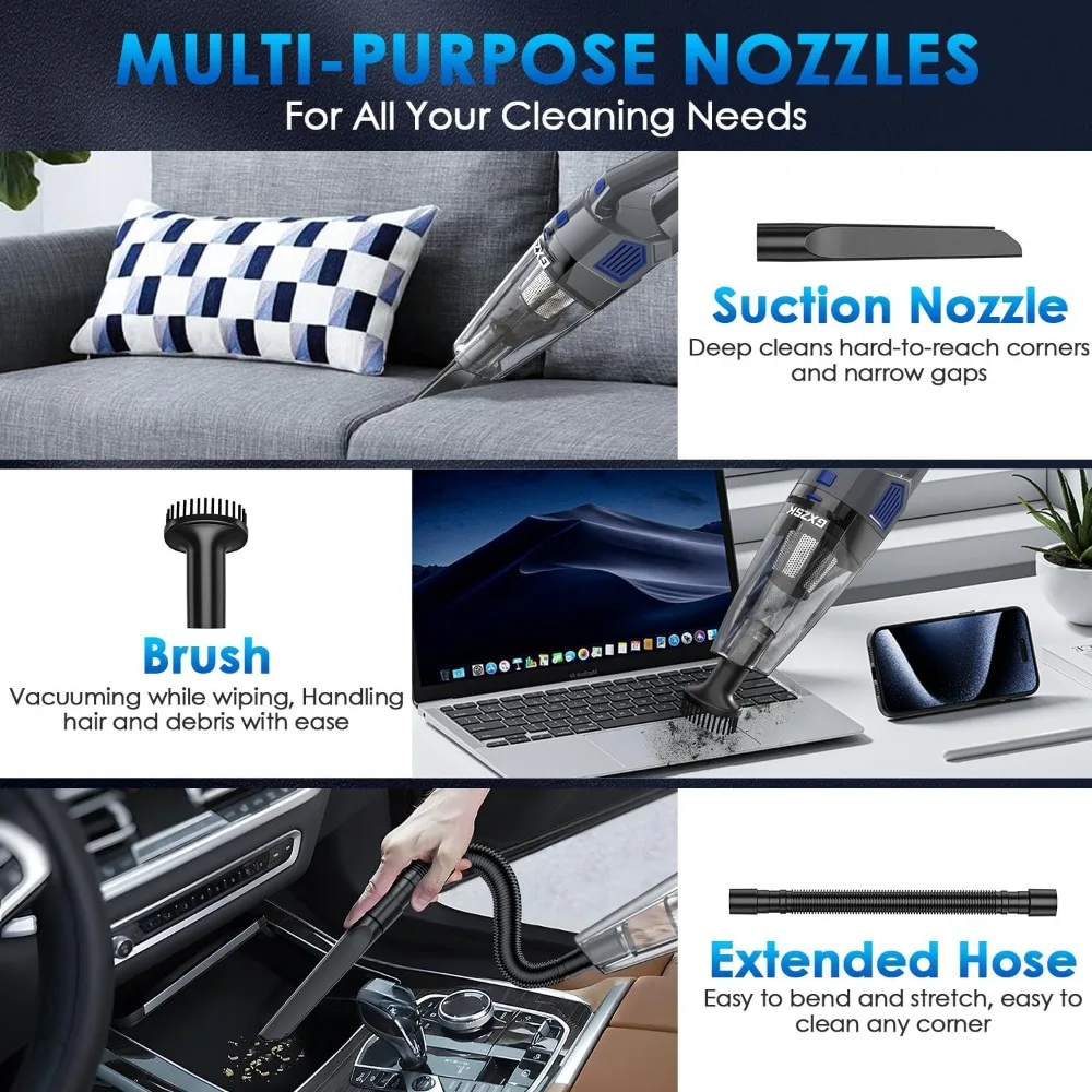 Handheld Vacuum Cordless, 15000PA Strong Suction Hand Held Vacuum Cleaner Rechargeable, Portable Car Vacuum with Multi-Nozzles