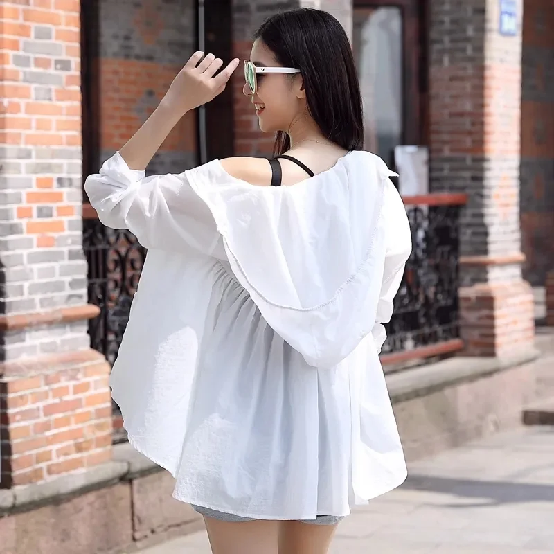 2024 New Summer Women Sun Protection Clothing Long Sleeve Short Hooded Breathable Sun Protection Clothes Ladies Outerwear Tops