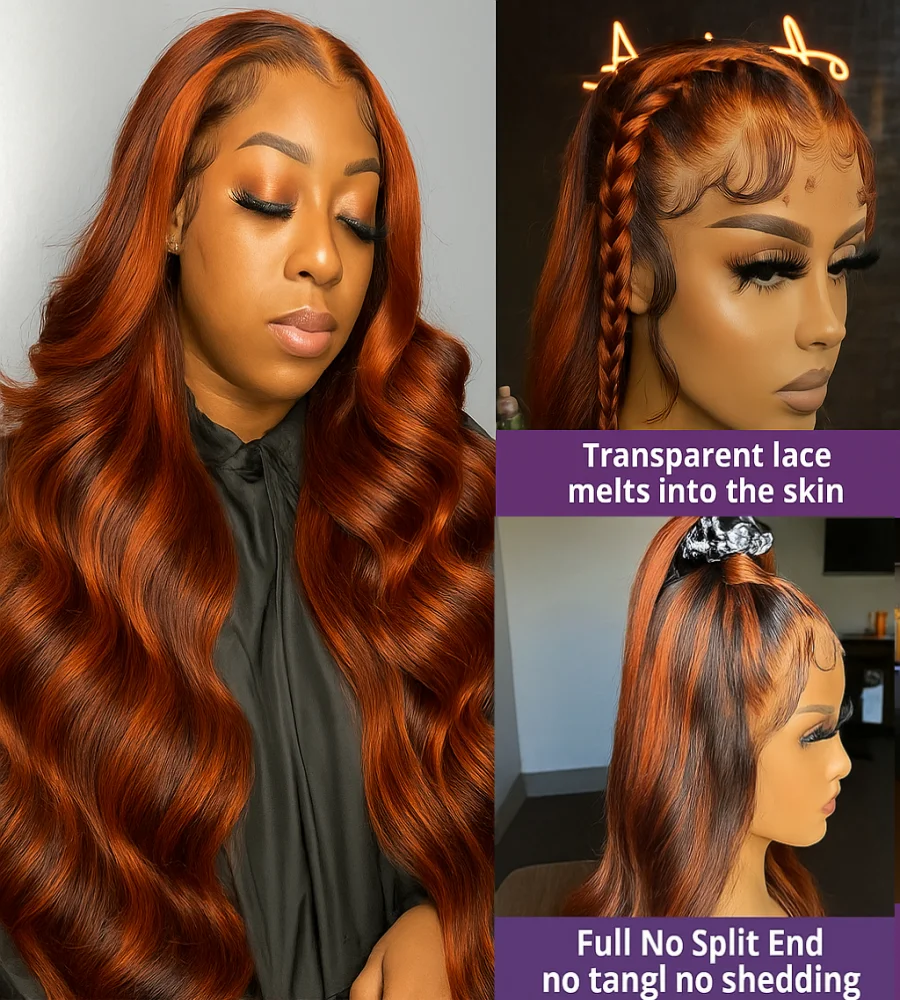 Wig Rambut Body Wave Transparan 5x5 dengan Lace Depan, Kepadatan 200, Warna Cokelat Jahe, Wig Rambut Brasil dengan Baby Hair untuk Wanita