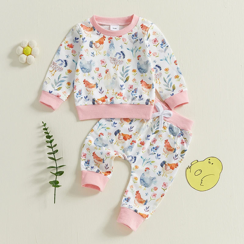 

2024-09-25 Lioraitiin Toddler Baby Girls 2PCS Fall Sets Long Sleeve O Neck Floral Chicken Print Tops Drawstring Pants Set