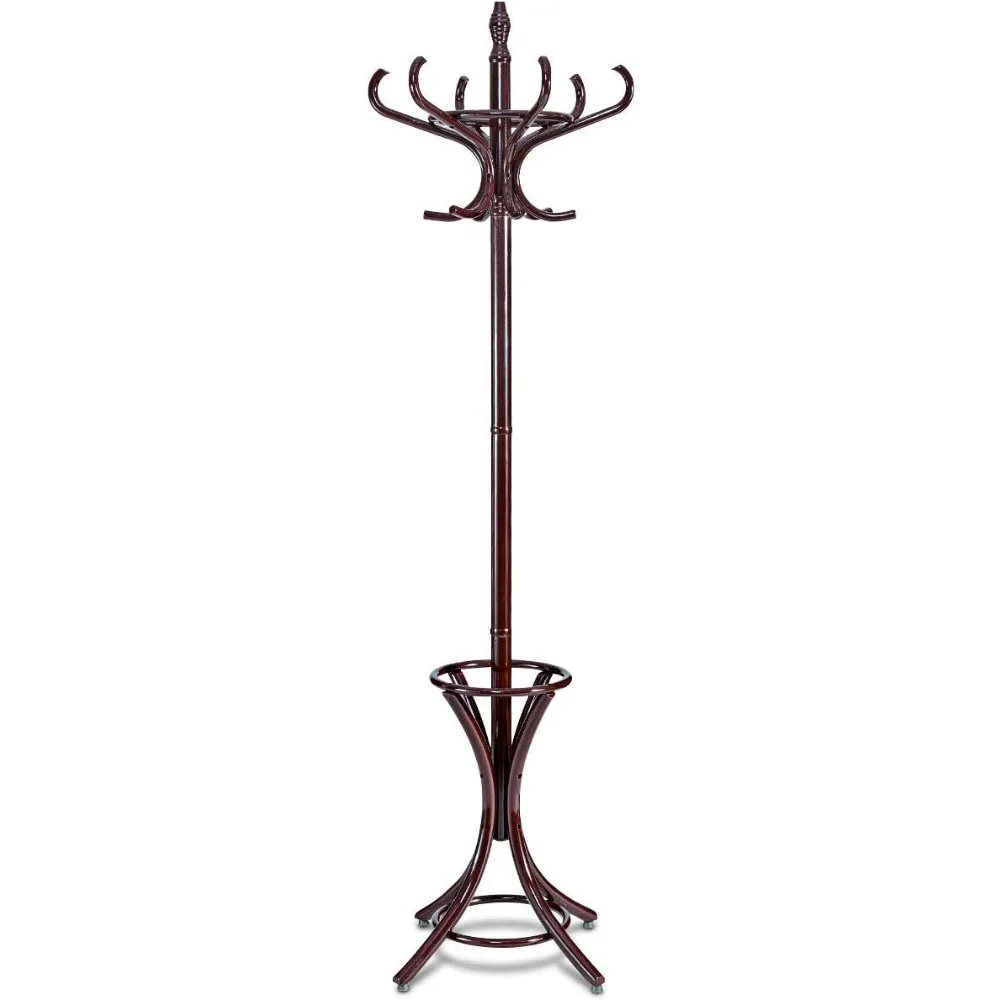 75.5 Inch Standing Coat Rack, Wood Coat Tree with 12 Hooks, Home Hanger Tree 12 with Umbrella Holder Coat Stand, Brown