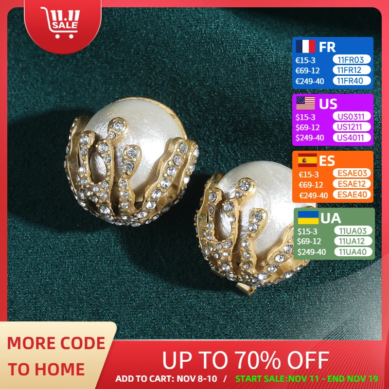 

Vintage Pearl Earrings For Woman Gold Color Coral Rhinestone Elegant Luxury Jewelry Fashion Designer Gift Daily Weddings New