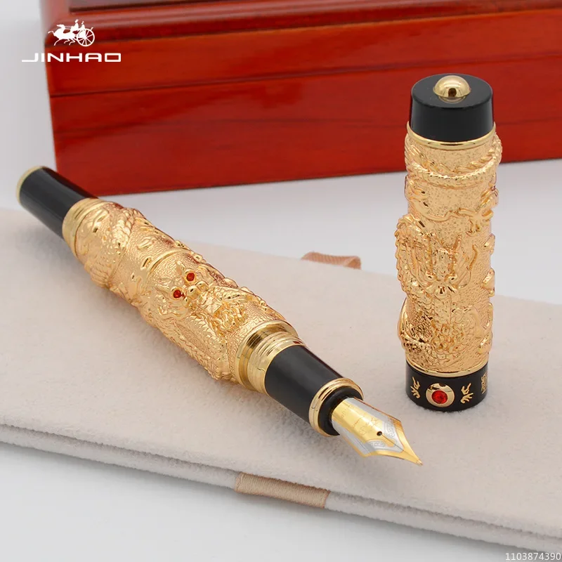 New Jinhao Double Dragon Yellow Fountain Pen Metal Engraving F 0.5mm Black Ink Pen with Converter for Office School Writing