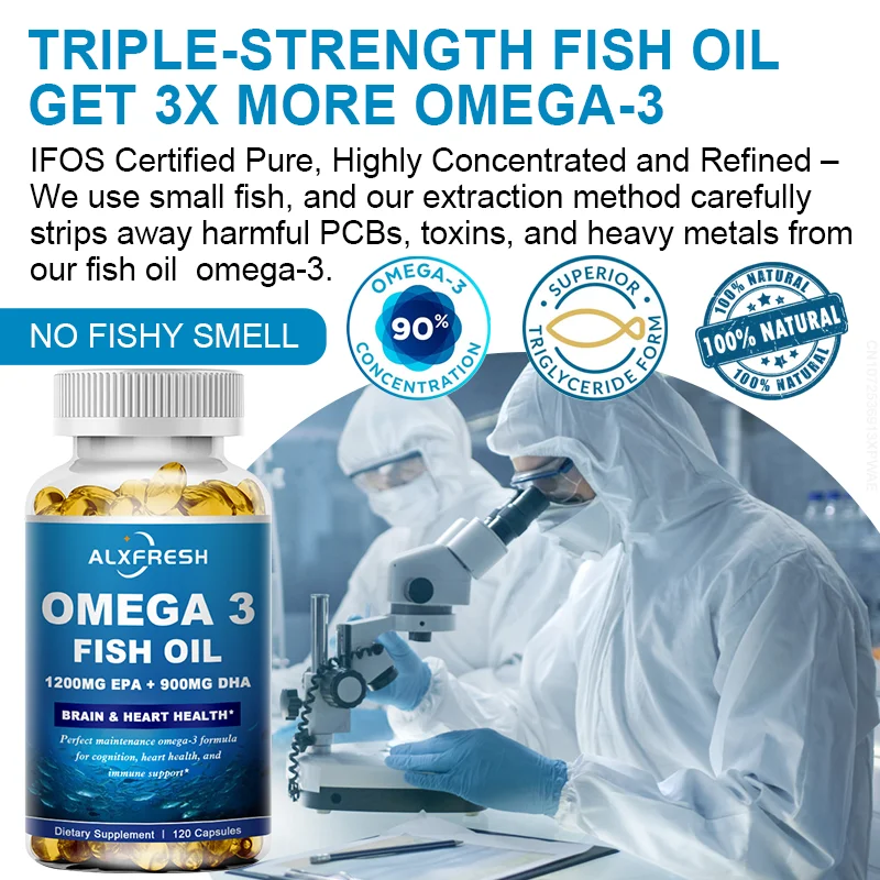 Alxfresh Wild Caught Omega 3 Fish Oil– 120/60 Soft Gels –3600mg High EPA 1300mg DHA 900mg Non-GMO Gluten Free Dietery Supplement