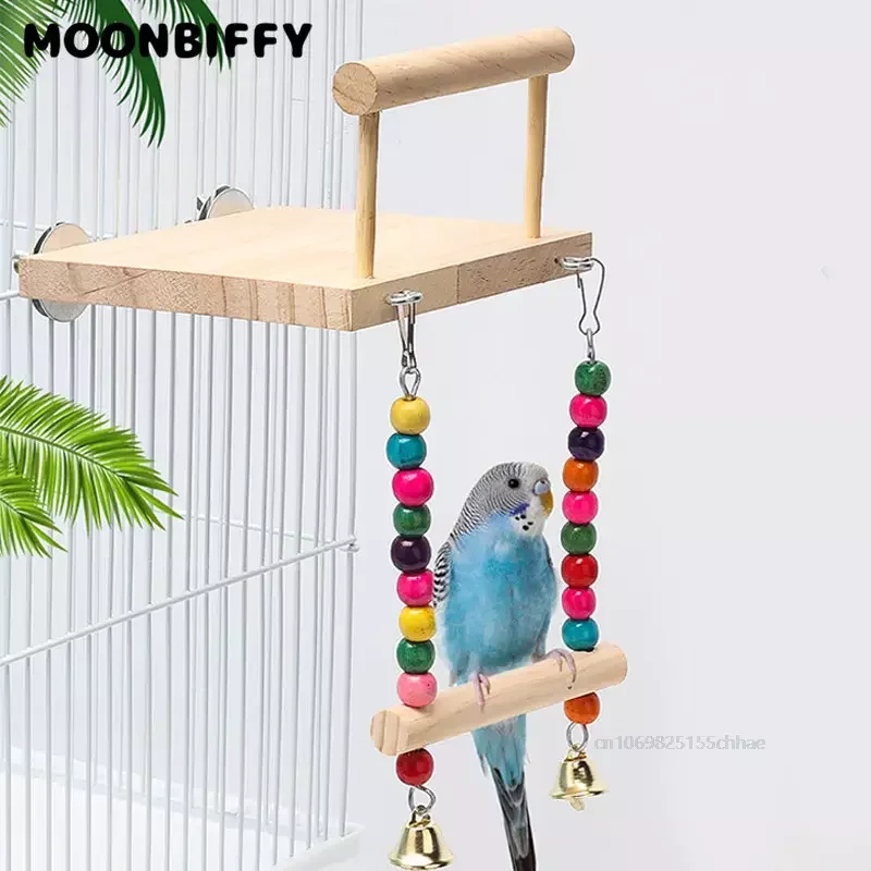 1pc Funny Bird Swing Toy Wooden Parrot Accessories Stand Playstand with Chewing Beads Cage Playground for Budgerigar Bird Toys