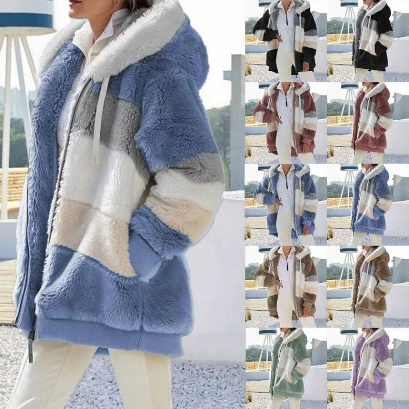 

Tops Coats Jacket for Women 2025 New Autumn Winter Warm Plush Pocket Hooded Streetwear Loose Lady Outerwear Coat Roupas Feminina