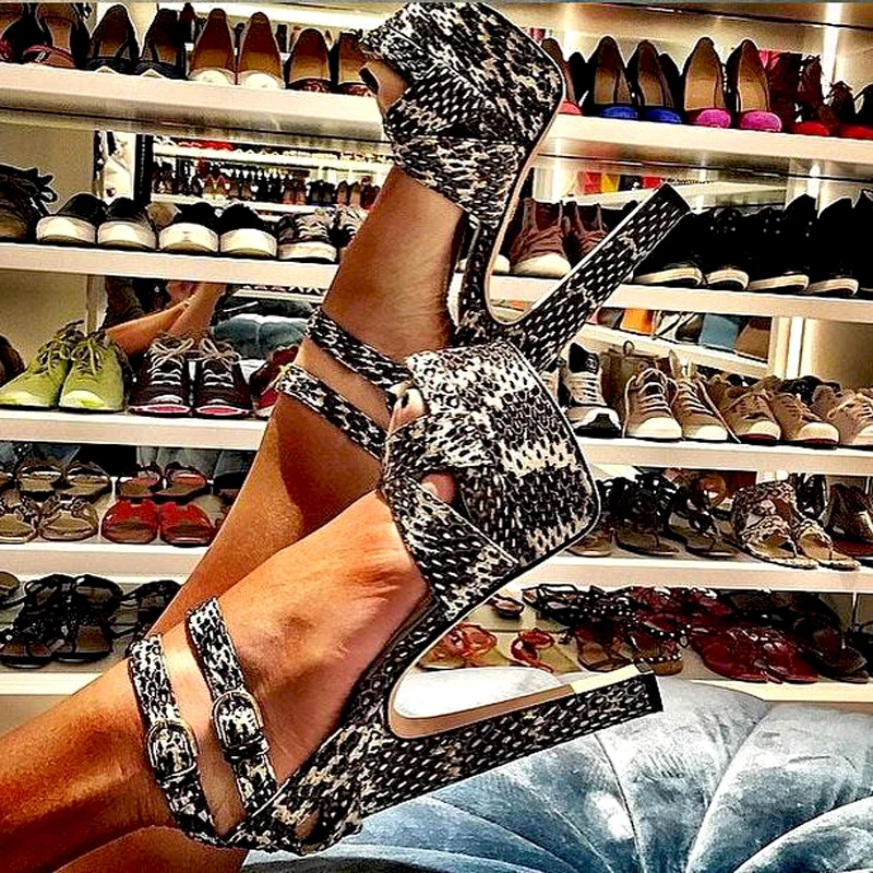 

Summer High Platform Grey Python Leather Sandals Crossed Strappy Peep toe Double Strap Buckle high Heels Shoes for Women