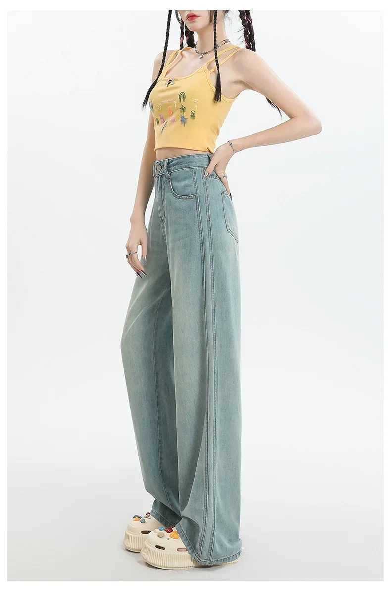 

Spring Summer Thin High-waisted Wide-leg Jeans, Women's Retro Nostalgic Ice Silk Loose and Wrinkle-resistant Floor-length Jeans