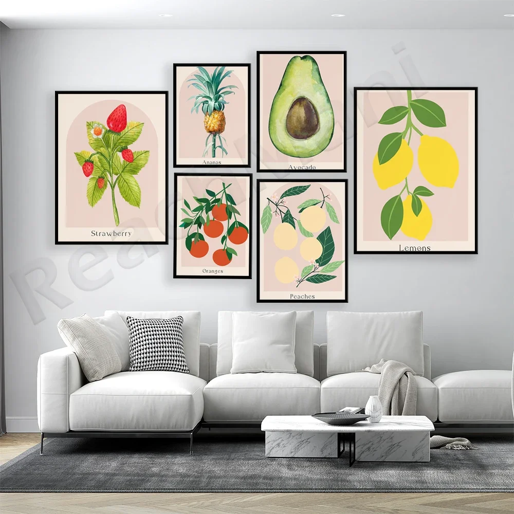 Fruit print, peach, lemon, strawberry, avocado, pineapple, orange food poster, kitchen wall dining room, farmhouse decor,