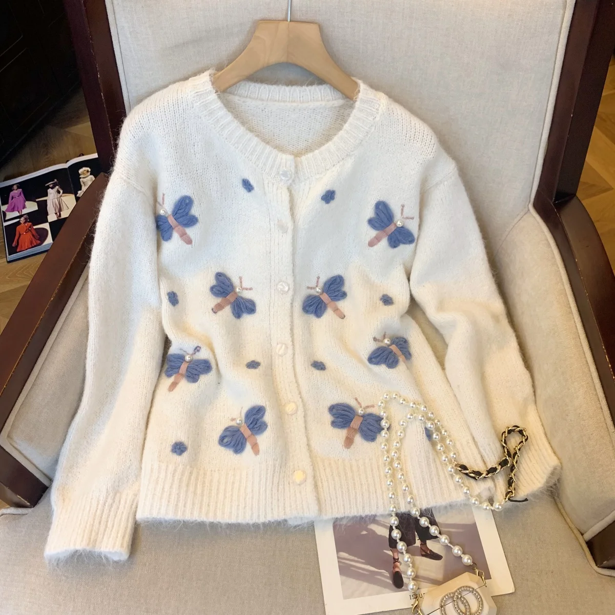 

Женский белый кардиган, свитер, винтажный джемпер 2000-х годов Y2k с круглым вырезом и бабочкой, трикотаж, свитер с длинными рукавами, осенне-зимняя одежда 2025