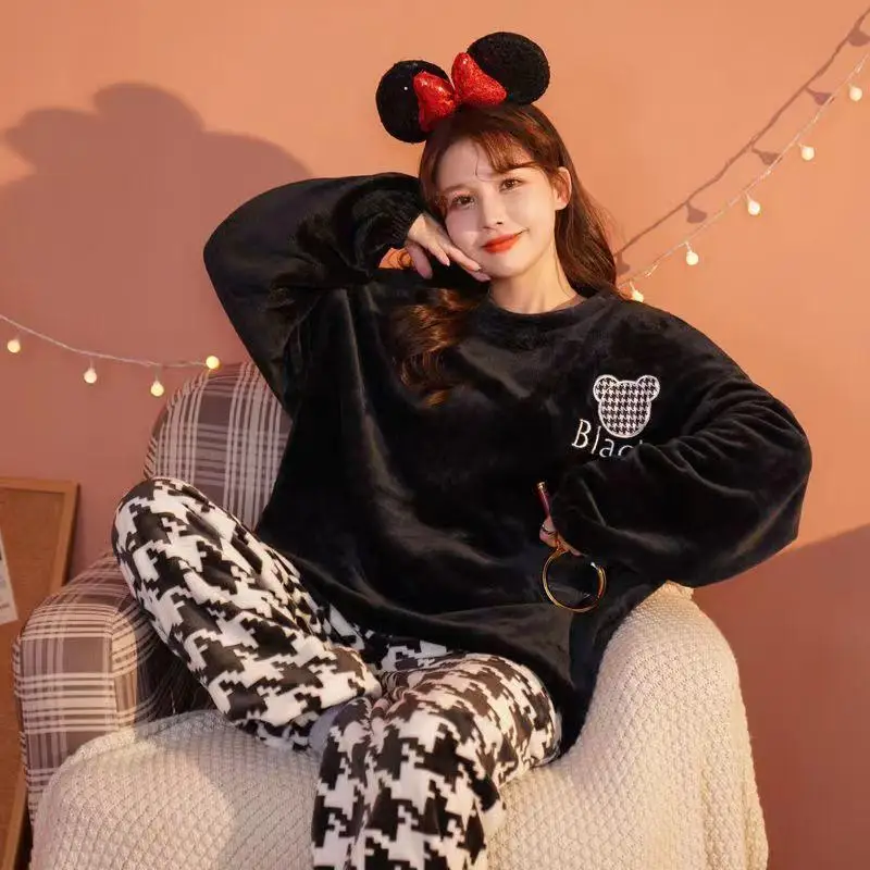 Kawaii Sanrio Anime Hobby Cinnamoroll Cartoon Girl Coral Velvet Thickened Warm Pajamas Two-Piece Home Wear Set