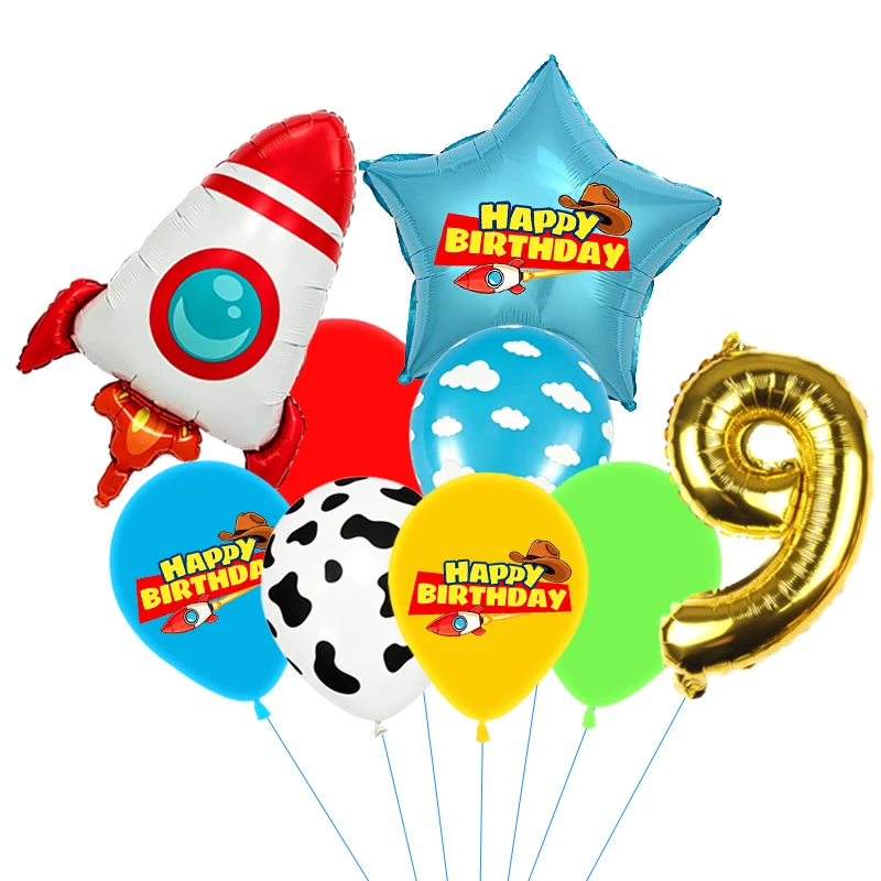 Rote, gelbe und grüne Spielzeugballons, hellblaue Ballons mit Wolken- und Kuhmuster für die Dekorationen zu Babystory- und Cowboy-Partys – Detail 37