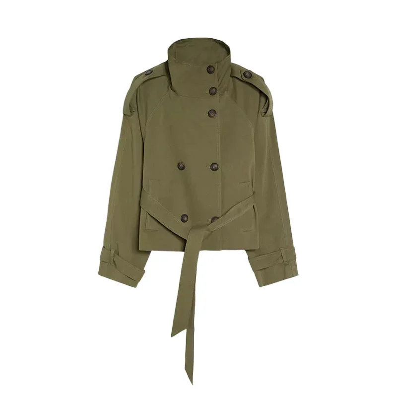 Einfarbiger Damen-Trenchcoat mit Schnürung, Stehkragen, Doppelreihig, Modisch 2026 Frühling Herbst, Elegante Lässige Damenjacke – Detail 3