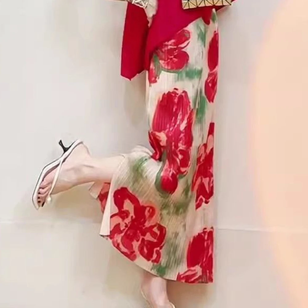 

Red summer super beautiful sleeveless top big flower print skirt pleated women clothing y2k Loose