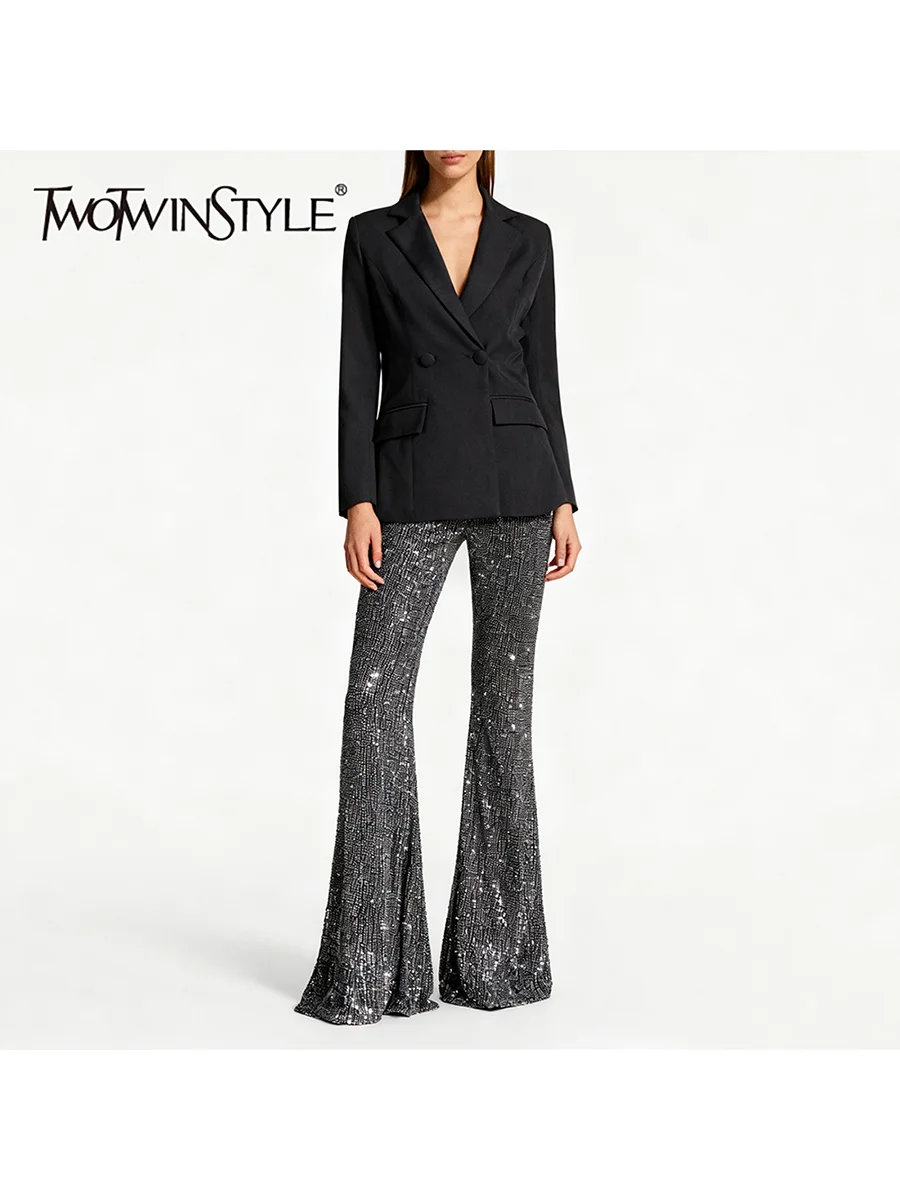

TWOTWINSTYLE Утягивающие комплекты из двух предметов для женщин, туника с длинными рукавами и лацканами, блейзер с высокой талией, модные брюки, женский комплект