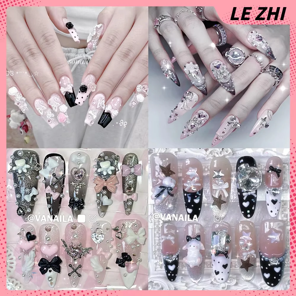 

Y2K Sweet Cool Cartoon Handmade Long Coffin Almond Press On Nails Diamond Pearl Bow Flowers French Reusable Fake Nail Gift