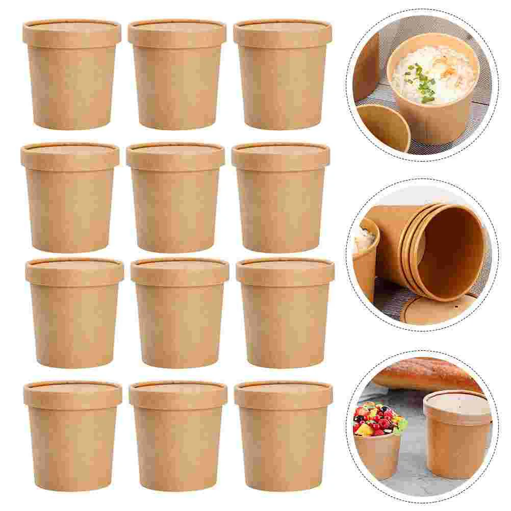 50 Sets Cowhide Soup Cup Durable Porridge Cups Dessert Practical Take-out Kraft Buckets with Covers