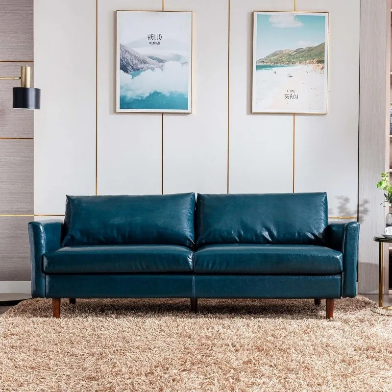 80'' Faux Leather Sofa Couch, Mid-Century Modern Sofa with Solid Wooden Frame & Padded Cushions, 3-Seater Couch for Living Room