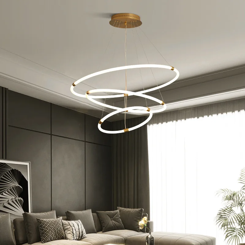 Scandinavian white round tube chandelier modern simple living room duplex hall halo art LED restaurant lamps and lanterns