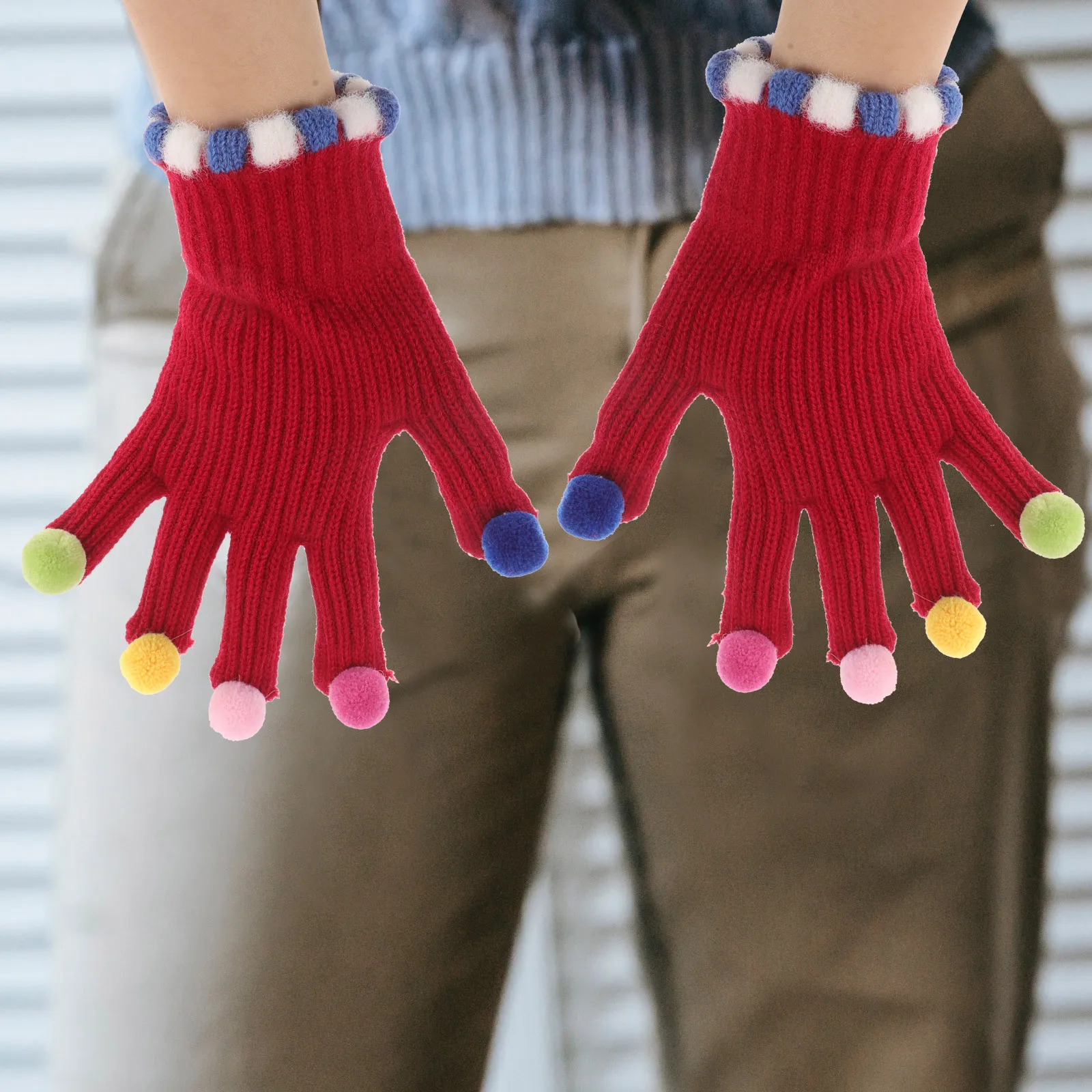 

1 Fingerless Gloves Colorful Pompom Decor Touchscreen Compatible Warm Thermal Hand Gloves For Cycling