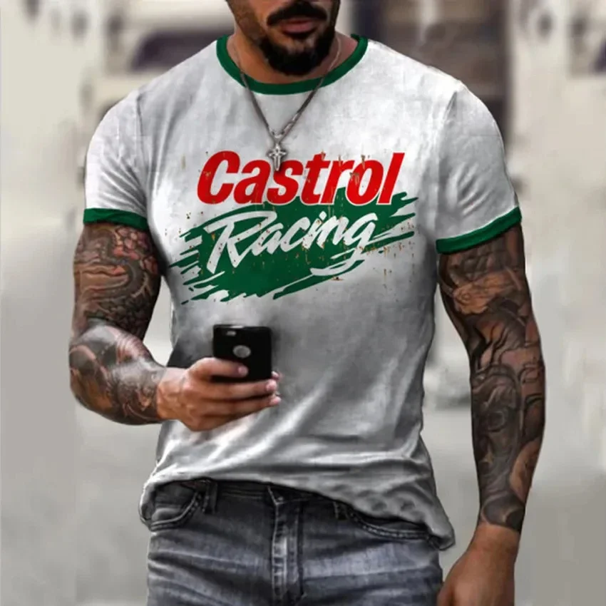 3D-T-Shirts für Herren, Vintage-Öl-T-Shirt, Street-Fashion, Castrol-Print, kurzärmelig, locker geschnitten, Oversize-Motorrad-T-Shirt, Oberteile, T-Shirts – Detail 5