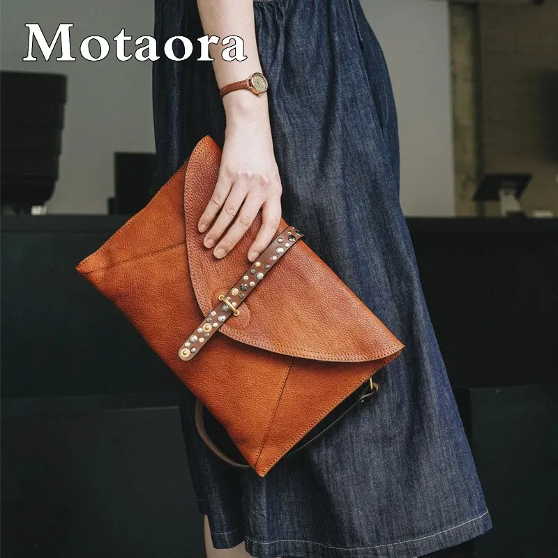

MOTAORA Retro Handmade Genuine Leather Clutch Bag for Women 2025 New Rivet Flip Envelope Crossbody Shoulder Bag Female Purse