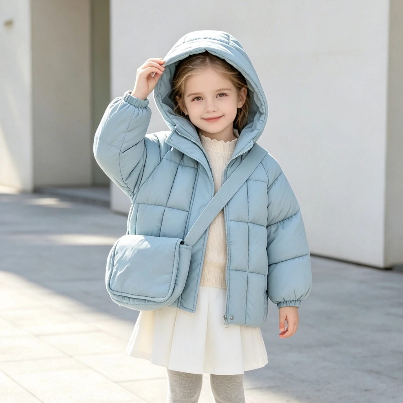 Toddler Kids Winter Hooded Puffer Coat Mini Crossbody Bag Boys Girls Warm Jacket Quilted Outerwear Daily Casual Tops 5 Colors