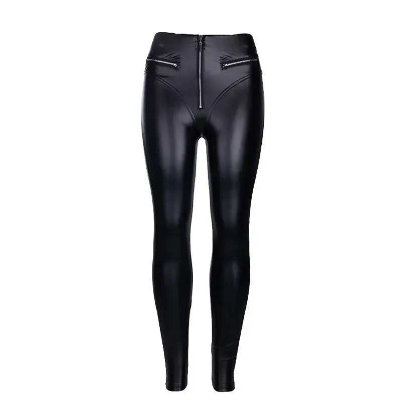 Gothic Leather High Waist Straight Leather Pants Sexy Tight Hip Leggings Street Retro Beam Feet Zipper Motorcycle Trousers YXQ02