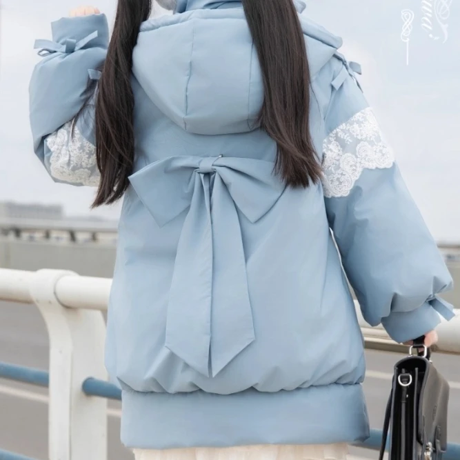 Original Sweet Girl Autumn Winter Cotton-padded Coat Mid-long Warm Parkas Elegant Lace Splicing Bow Loose Hooded Wadded Jackets