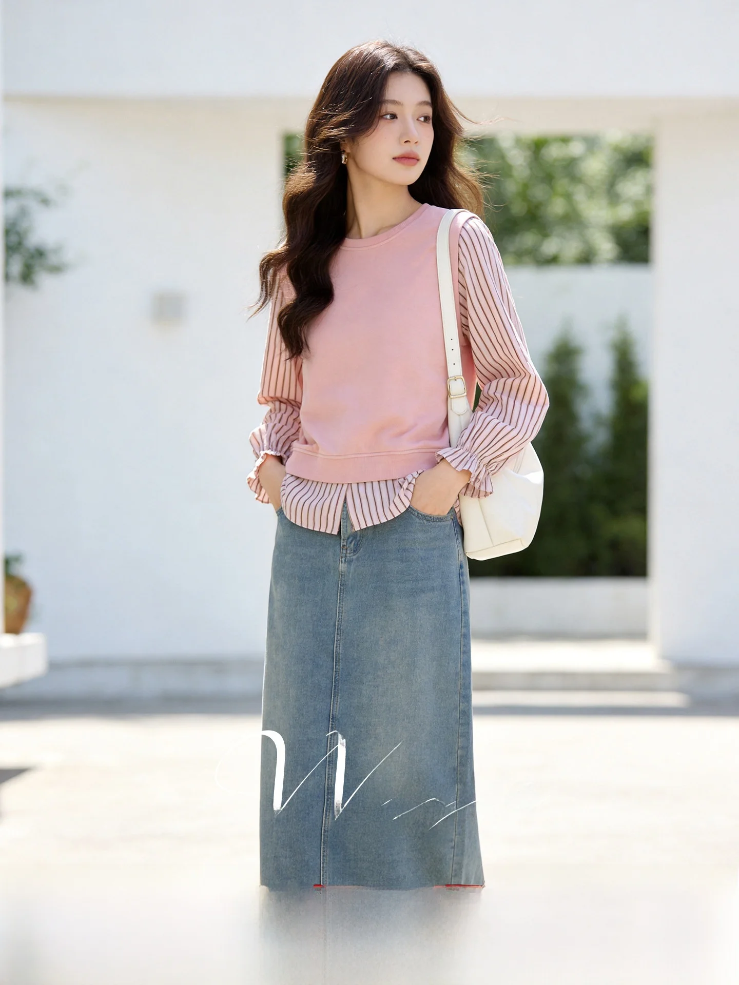 

Stylish Spring Outfit Large Size 2026 New Spliced Stripes Long Sleeve Top Denim Skirt Women's Set Casual Commute Cotton