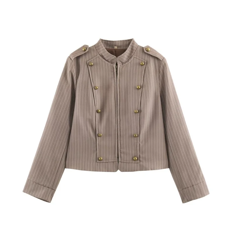 Women's Stand Collar Long Sleeve Jacket Casual Double Breasted Short Blazer Outerwear Slim Fit Autumn Winter Coat for Female