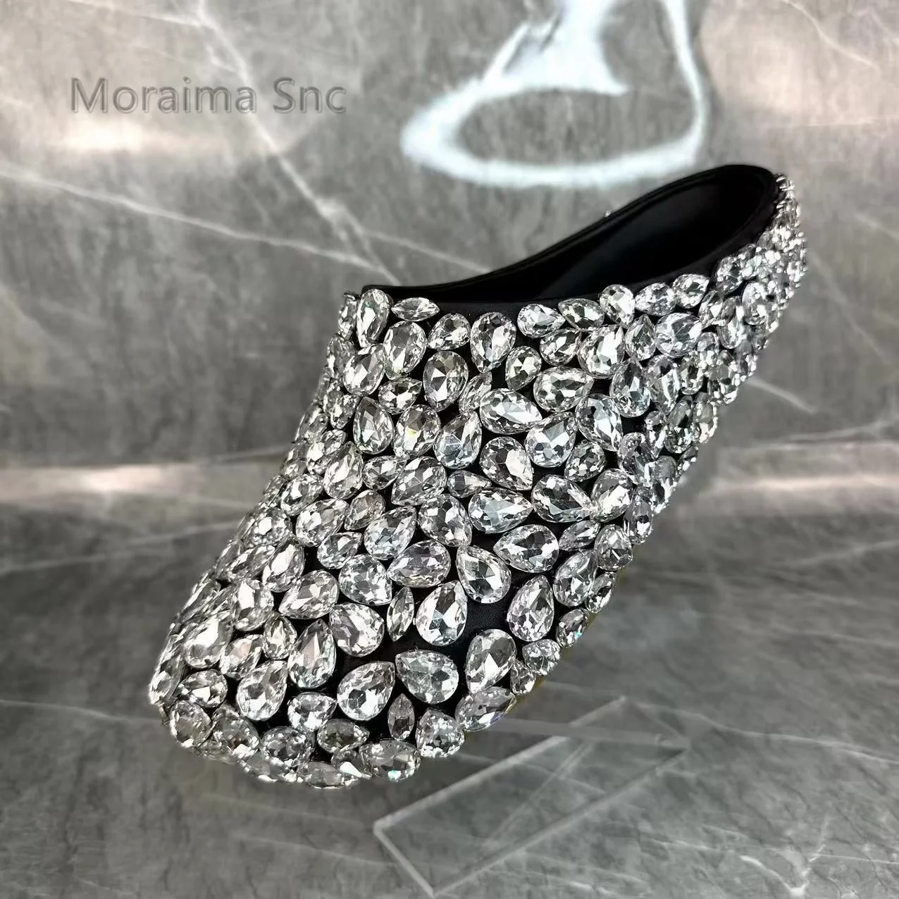 Full Crystal Rhinestone Half Slippers for Women Summer Round Toe Flat Shoes Catwalk Show Wedding Genuine Leather Women Shoes