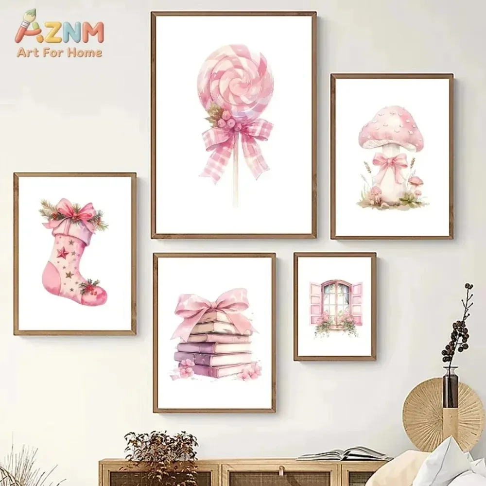 AZNM Pink Bow Cherry Lollipop Canvas Wall Art Watercolor Mushroom Vintage Truck Print Girls Bedroom Decor Unframed