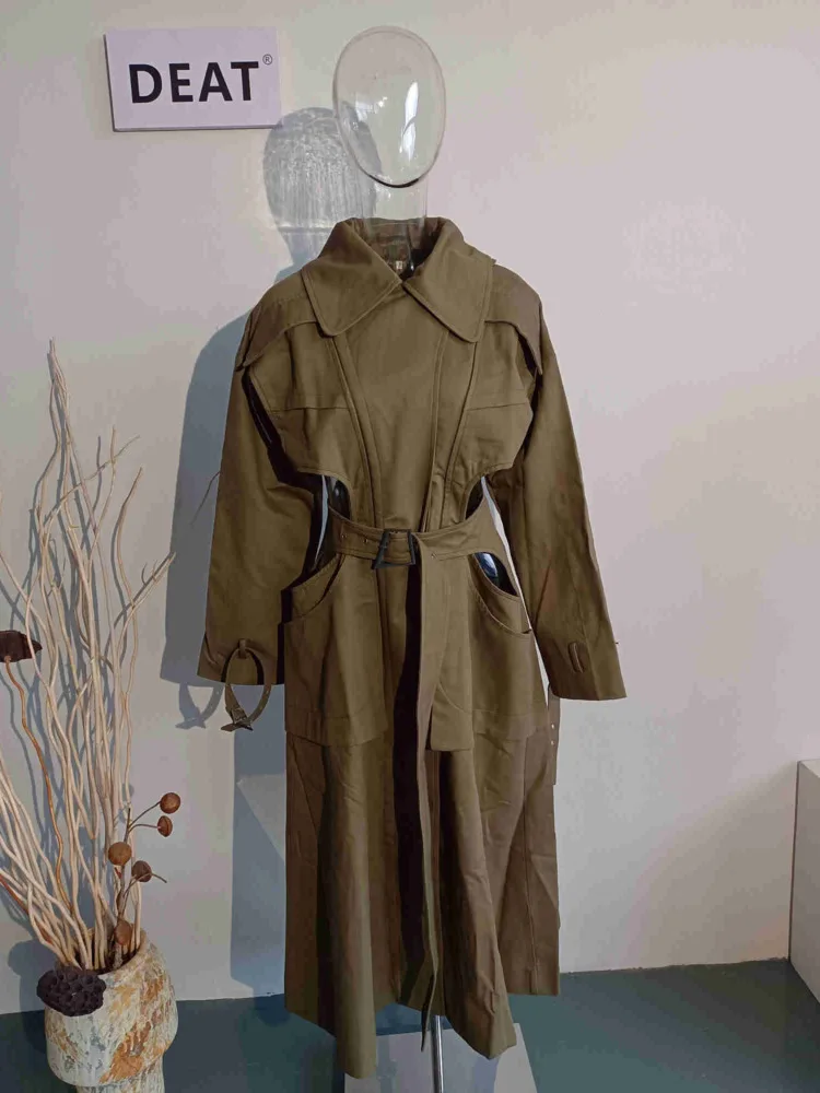 DEAT Fashion Women\'s Trench Coat Laple Belt Waist Hollow Out Deconstruct Spliced Windbreaker Female Spring 2024 New Tide 17A2730