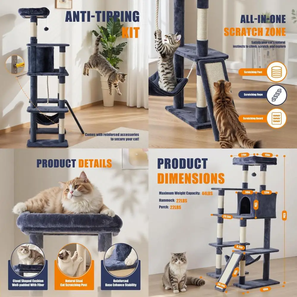 

63 Large Cat Tower with Condo, Sisal Posts, Platform, Hammock, and House - Dark Blue