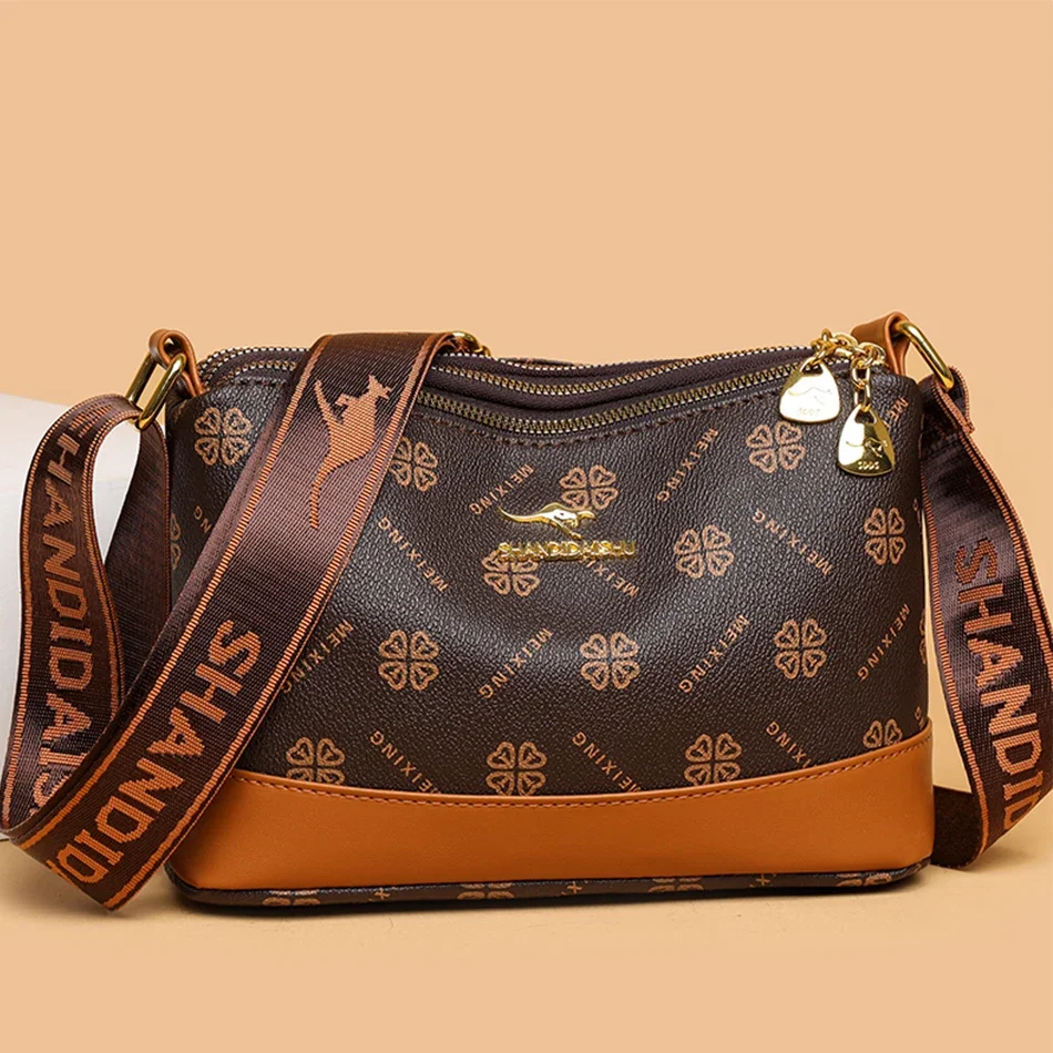 Stylish Women's Crossbody Bag with Wide Strap SHANDIDAISHU Kangaroo Logo Handbag High-End Gold Hardware & Three Layer Interior