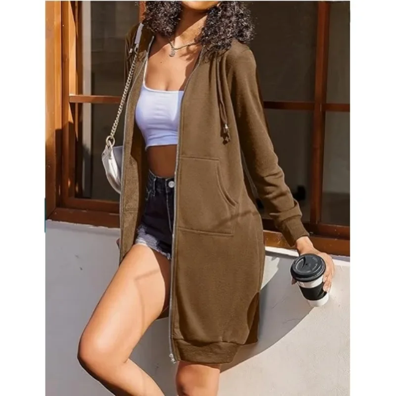 Autumn and Winter Casual Drawstring Hooded Long Sleeve Jacket Full Zip Up Womens Long Hoodies Fashion Sweatshirt with Pockets